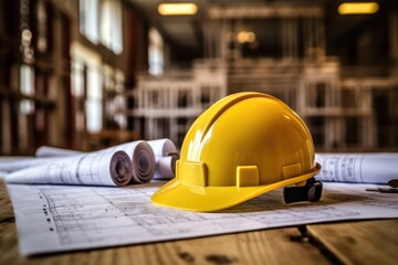 Construction helmet on blueprints in unfinished house