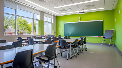 Modern school classroom with seating and a green board. Back to school.