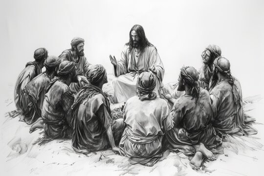 Jesus teaches people, people sit around Him. Black and white illustration.