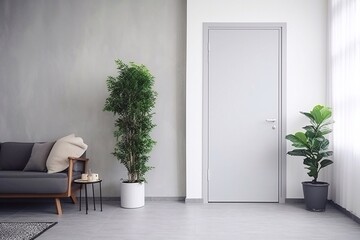 Stylish white front door inside an apartment in a modern interior and flower pots on the side - obrazy, fototapety, plakaty
