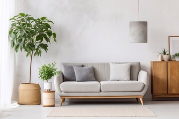 Stylish white wardrobe with a plant next to a gray sofa in a simple bright living room interior