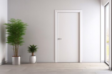 Stylish white front door inside an apartment in a modern interior and flower pots on the side