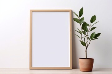 Fototapeta na wymiar Wooden frame with copy space on white background with plant on desk against white wall. Frame, house decor and interior design concept