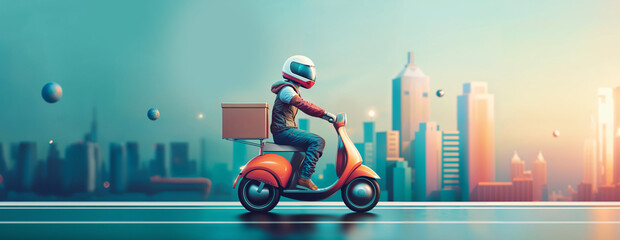 delivery motorbike or scooter driver with courier box on back, wide frame with copyspace area