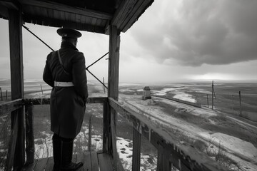 A stoic figure, clad in a uniform, gazes wistfully at the vast monochromatic landscape, lost in thought under the cloudy sky as he stands on the porch, separated from the open fields by a simple fenc - obrazy, fototapety, plakaty