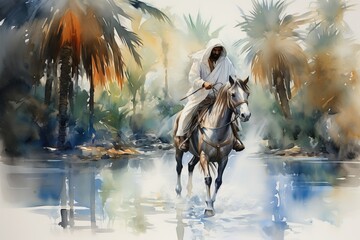 Watercolor painting of Jesus Christ on horseback, walk past palm trees.