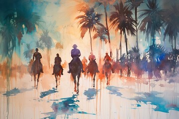 Watercolor painting of people on horseback, walk past palm trees.