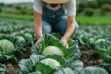 Woman picking cabbage vegetable at field.