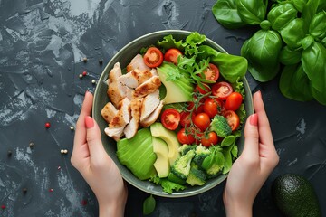 Woman's hands holding a salad bowl with tomatoes, chicken, avocado and green leaves. - obrazy, fototapety, plakaty