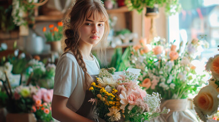 young florist girl collects a beautiful large bouquet in a flower shop