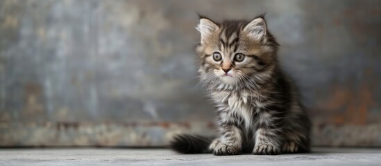 Grey background hosts small Siberian kitten sitting.
