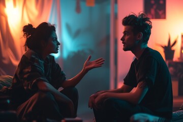 Two people engaged in deep conversation, their clothing and human faces illuminated by the indoor dance floor's pulsing lights, while the wall behind them echoes the lively music and people fill the 