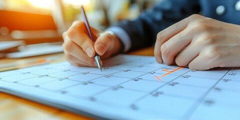 Strategic Monthly Planning: Hands Mark Important Dates on a Calendar for Effective Time Management, Generative AI