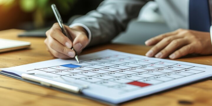 Strategic Monthly Planning: Hands Mark Important Dates on a Calendar for Effective Time Management, Generative AI