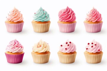 Set of delicious birthday cupcakes on white background. Banner design