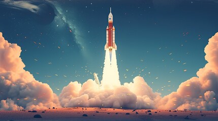 Space shuttle taking off on a mission / Photo composite of a repainted toy in a cloud background