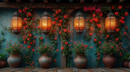 Fototapeta premium Lights Garlands Dark On Decorative Lantern, Background HD, Illustrations