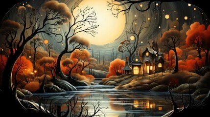 A fairy tale landscape with a geometric design featuring a small house illuminated by glowing windows, situated near a peaceful lake surrounded by trees on a full moon night in the forest - obrazy, fototapety, plakaty