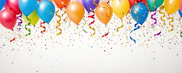 A bright array of colorful balloons, streamers and confetti scattered on the floor convey the festive spirit of the celebration. Background for a postcard, banner.
