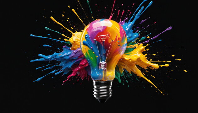 A light bulb at the center of a dynamic explosion of multicolored paint, symbolizing creativity and innovation against a black background.