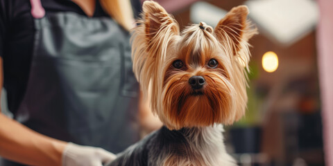 A cute dog in a grooming salon. Banner for groomer with copy space. Groomer in apron trimming a puppy.