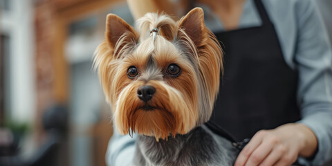 A cute dog in a grooming salon. Banner for groomer with copy space. Groomer in apron trimming a puppy.