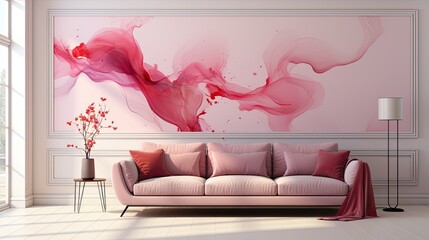 A beautiful pink sofa in soft pastel colors sits against a backdrop of an abstract painting in various shades of pink