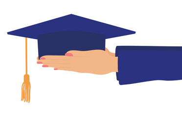 Female hand holding graduation cap. Vector illustration