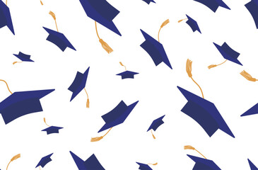 Thrown up graduation caps, seamless pattern.  Graduation background. Vector illustration