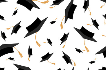 Flying graduation caps, seamless pattern. Graduation background. Vector illustration