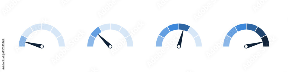 Aufkleber Speedometer icon, tachometer icon. Speed indicator icon set. Rating meter signs performance concept. Dashboard level scale icon. vector illustration