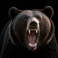 portrait of a brown bear with open mouth and teeth. Dangerous wild animal.