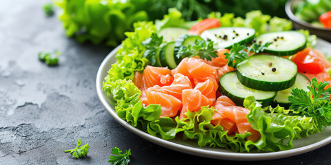 Closeup Salted salmon salad with fresh green lettuce and slices of cucumbers served in a plate. Protein healthy fish salad at a restaurant. - obrazy, fototapety, plakaty