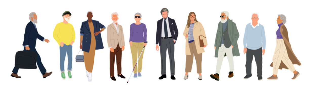 Set of different senior business people standing, walking, wearing smart casual, formal office outfit. Aged men, women cartoon characters vector realistic illustrations on transparent background.
