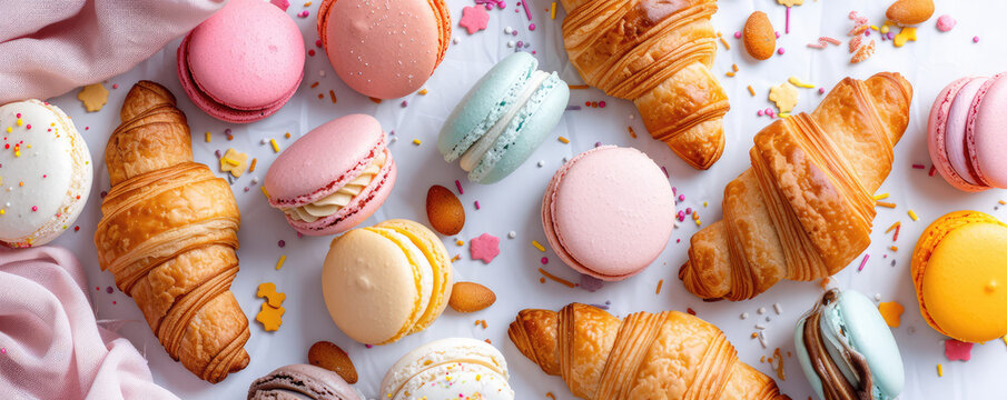 French Patisserie sweet Pattern. Croissants and macarons on simple background, wallpaper for baking goods or pastry shop, top view.
