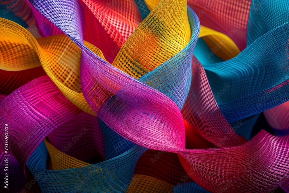 Poster gradient snippets rainbow multicolored whorl shreds, neon light spectrum. vivid bright queer communi