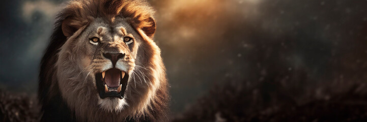 angry male lion in the wild with open mouth. Panoramic banner