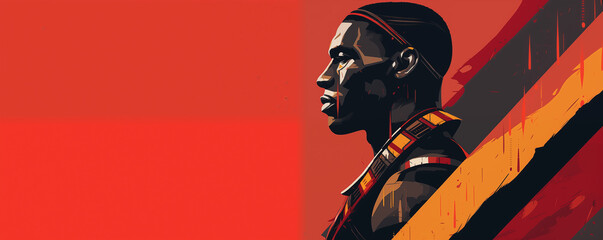 African warrior, minimalist design, panoramic view, copy space, Africa, illustration generative AI
