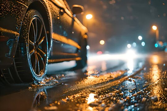 Wet, black car parked on a rain-soaked street at night, illuminated by the glow of streetlights. The focus is on the car's rear wheel and the glistening wet pavement, moody and atmospheric.