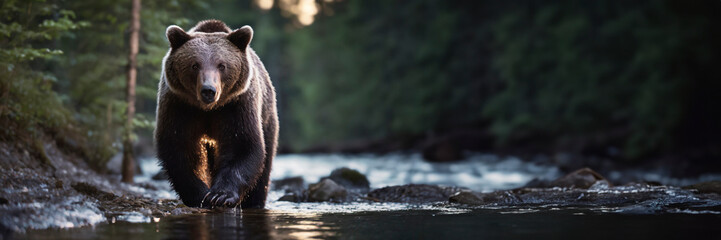 Obraz premium Grizzly bear on the river. Dangerous animal in natural habitat walking towards camera. Wildlife scene from nature. Panoramic banner with copy space