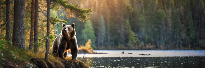 Brown bear in the forest. Dangerous animal in nature. Wildlife scene. Panoramic banner with copy space