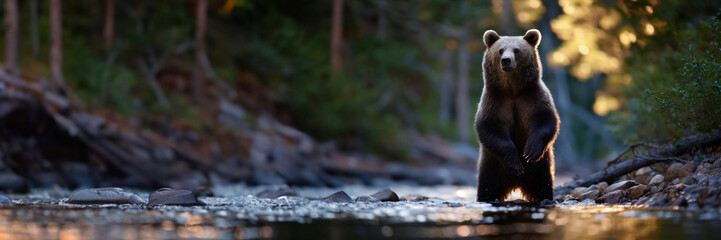 Obraz premium Brown bear on the river in summer forest. Dangerous animal in nature habitat. Wildlife scene panoramic banner