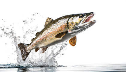 Naklejka premium Rainbow trout jumping out of water with splashes on white background