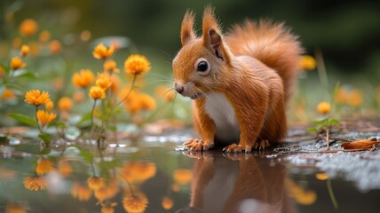 Naklejka na ściany i meble A squirrel is standing next to a puddle of water