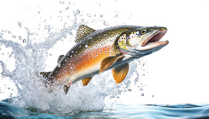 Obraz premium Rainbow trout jumping out of water with splashes on white background