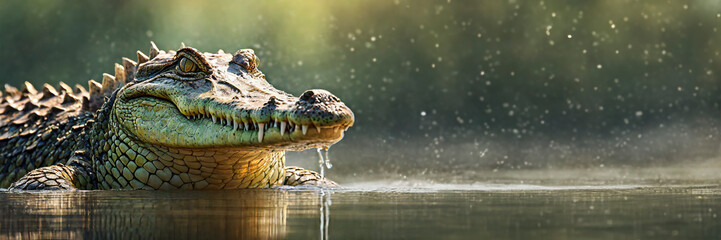 Large crocodile in water. Panoramic banner with copy space - Powered by Adobe