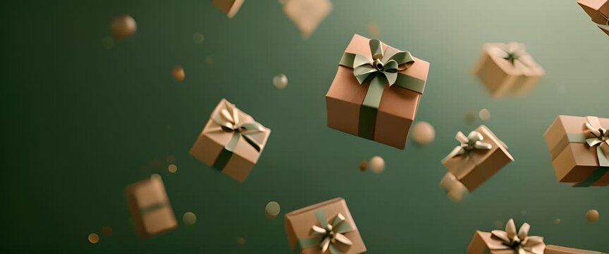 Multiple gift boxes floating against a dark green background. Square boxes, wrapped in brown paper and adorned with a neatly tied, metallic color bow. Copy space, celebration concept.