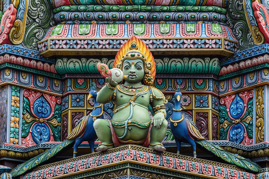 Colored decorations and statues on the exterior of the Hindu Temple Sri Maha Mariamman Temple ("Wat Phra Si Maha Umathewi") on Si Lom Road in Bangkok, Thailand. Built in1879.
