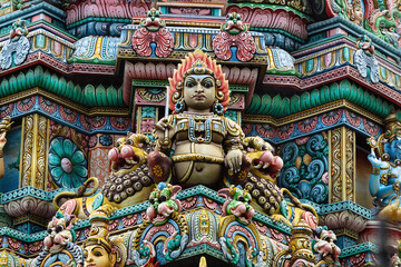 Fototapeta na wymiar Colored decorations and statues on the exterior of the Hindu Temple Sri Maha Mariamman Temple (