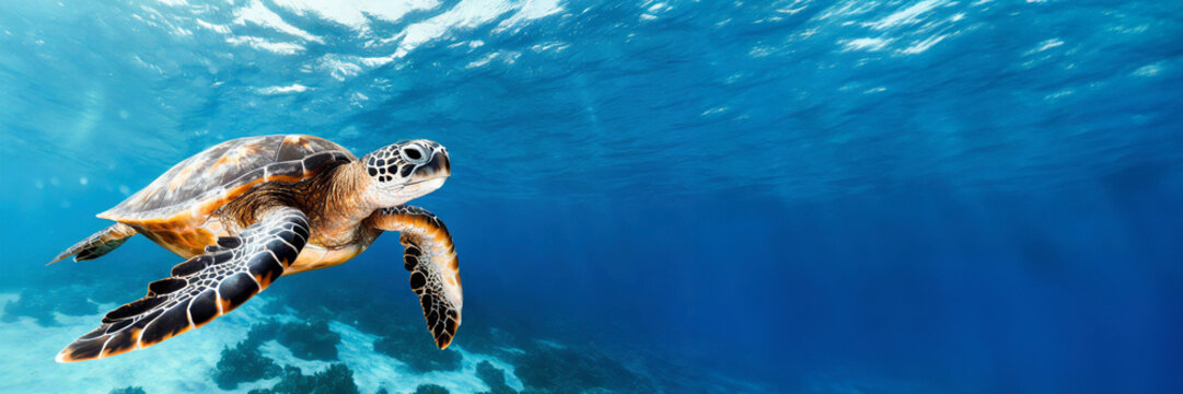 Hawaiian Green Sea Turtle swimming underwater. Panoramic banner with copy space